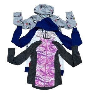 3 sweatshirts, Stranger Things, purple gray zip up, panda bears, similar fit.